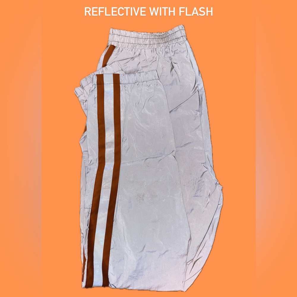 Fashion Nova Reflective Track Pants with Orange Stripes